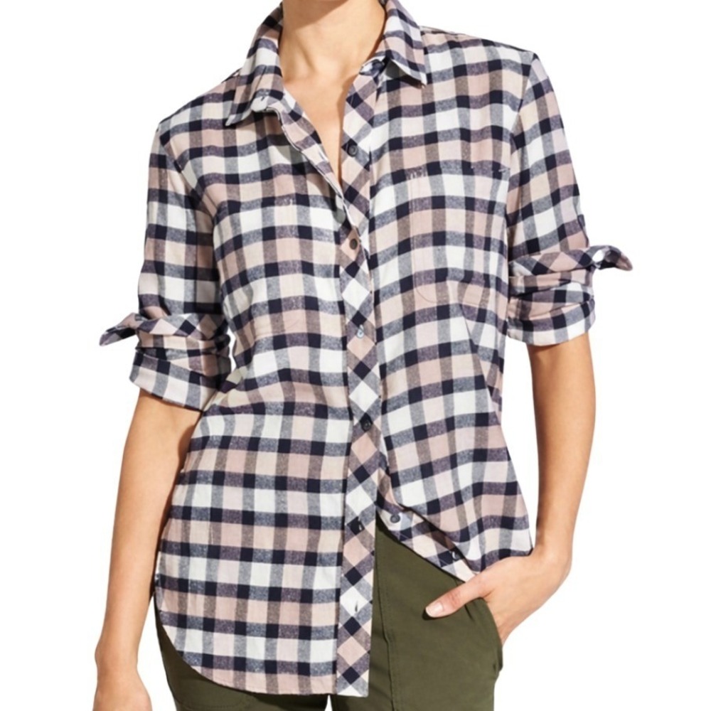 Athleta‎ Womens Lumberjill Plaid Button Down Shirt Navy Pink Flannel Cotton S